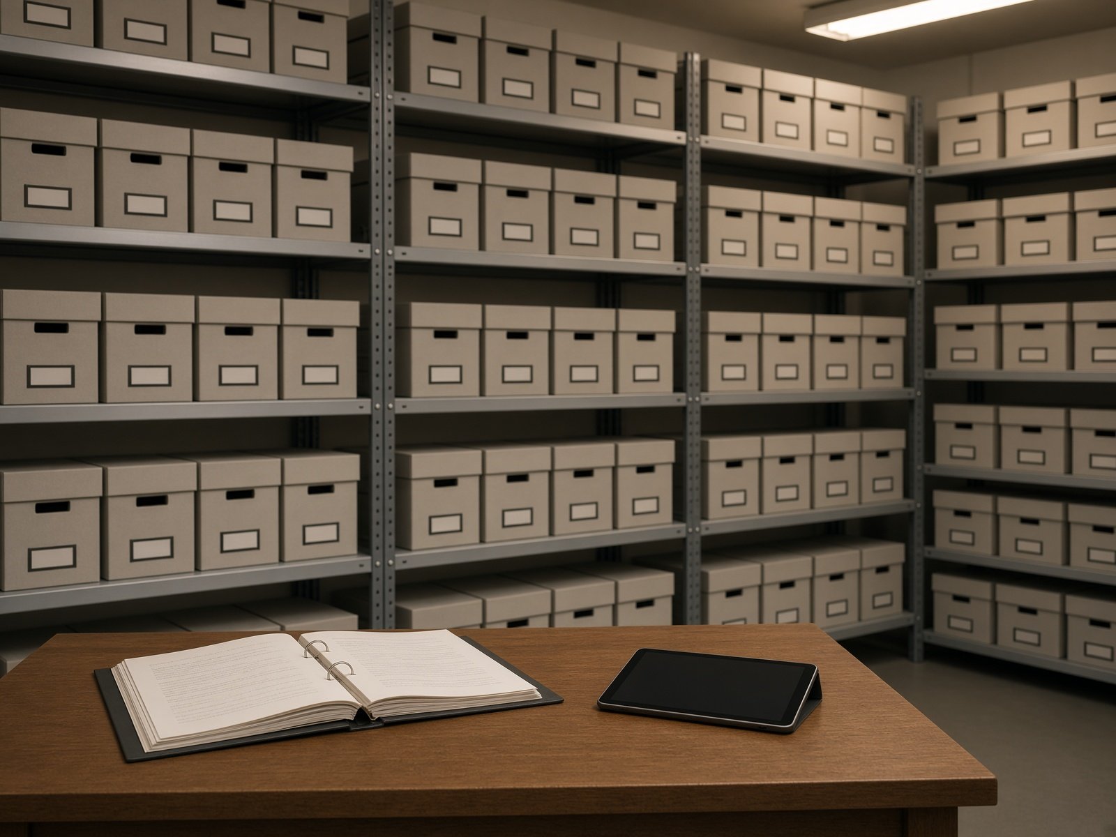 Quiet archive room with document boxes, an open binder, and a tablet