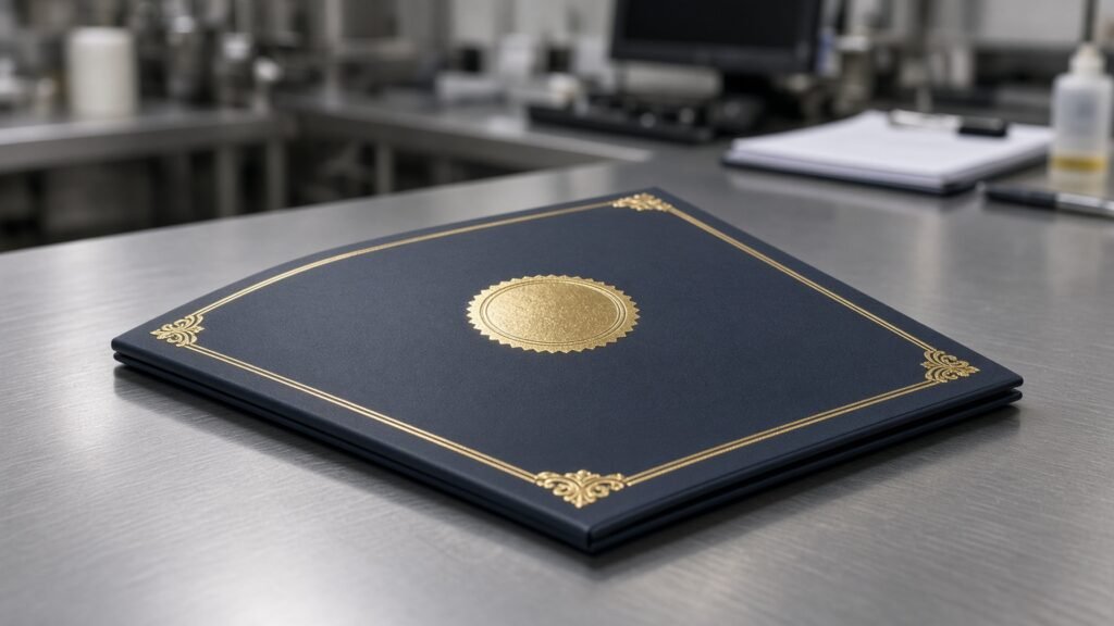 Certificate folder on a stainless QA table