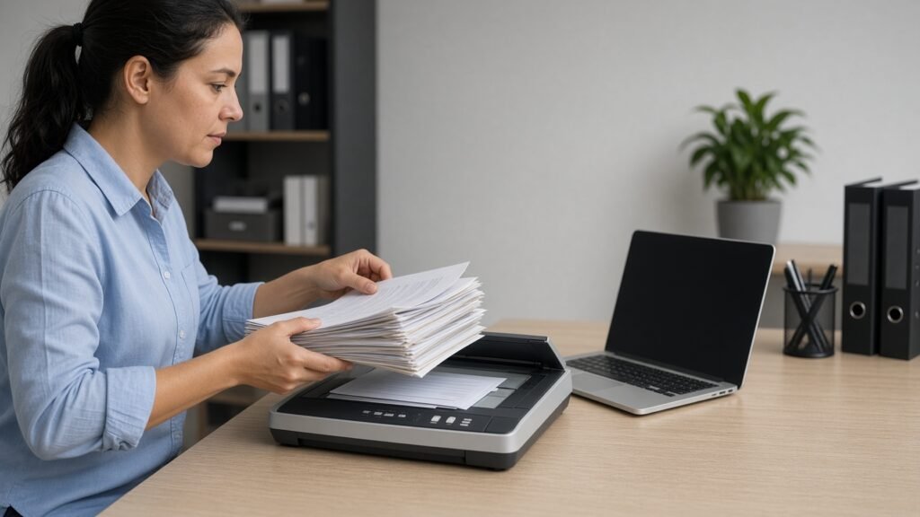 Person scanning paper files beside a laptop