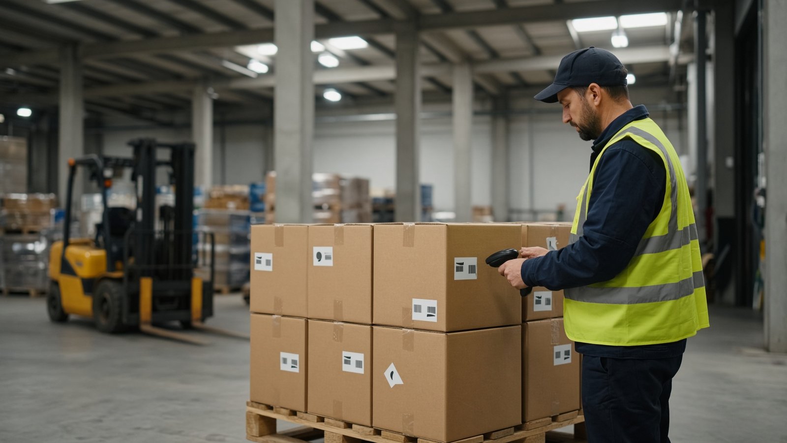 Warehouse worker scanning pallet cartons in a receiving area