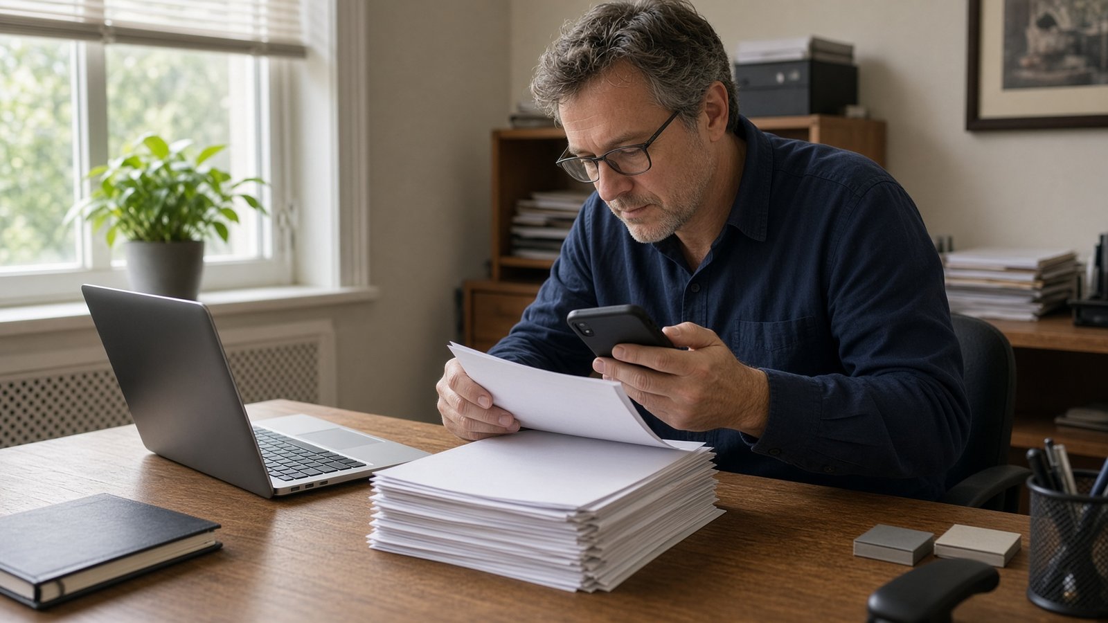 A supplier photographing documents at a desk for submission