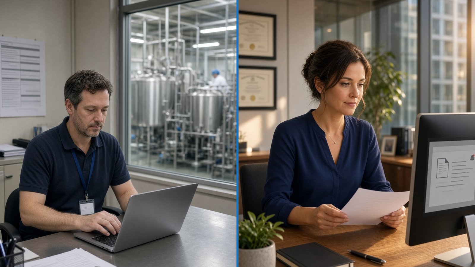 A supplier in a plant office and a customer in a city office, connected across two workplaces