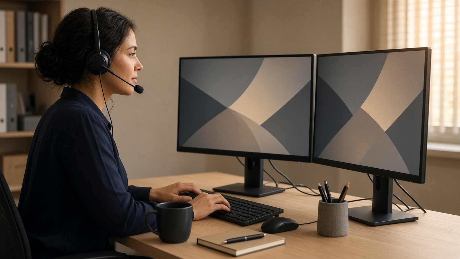 Customer-service professional sending files from a dual-monitor desk