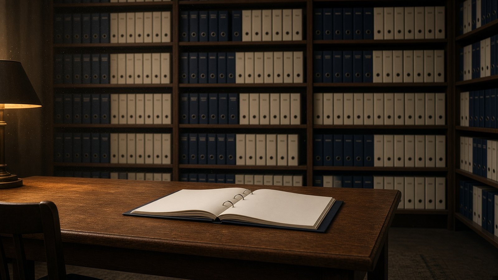 Quiet records room lined with organized binders