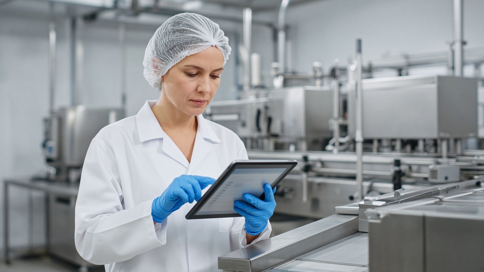 Quality technician in a lab coat and hair net collecting data on a tablet