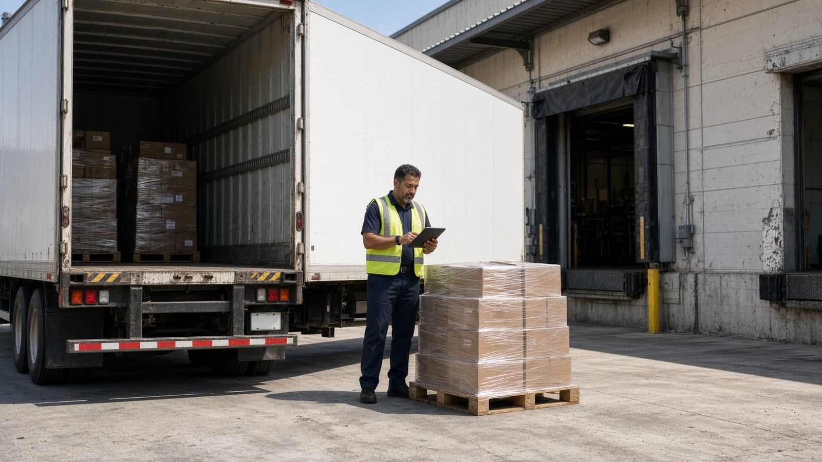 Receiving clerk with a tablet at a warehouse loading dock