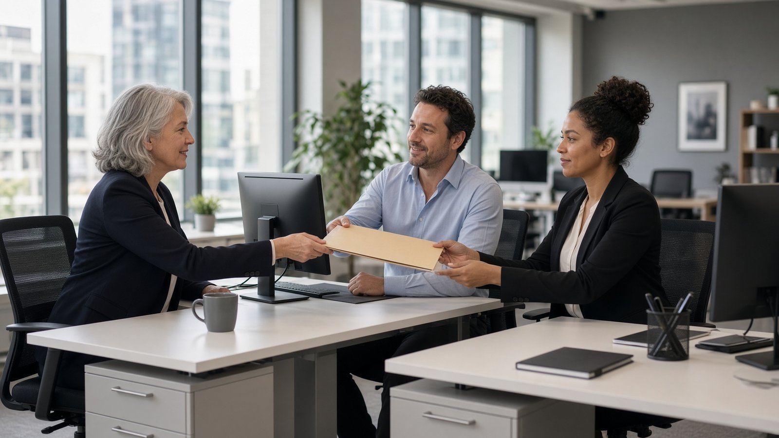 Colleagues reviewing a document along a shared office workflow
