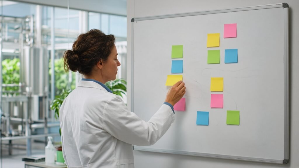 Food-safety manager planning a program at a whiteboard