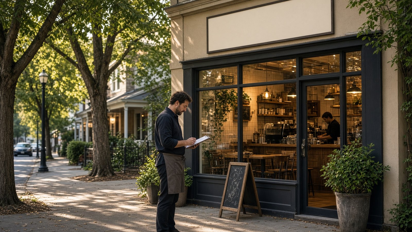 Independent cafe storefront on a tree-lined street at morning