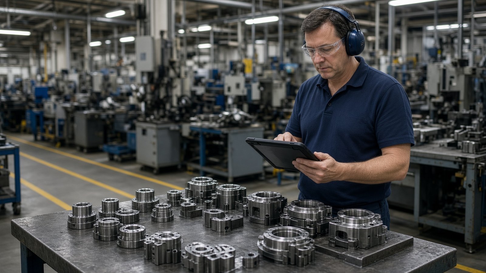 Quality inspector reviewing parts on a manufacturing plant floor