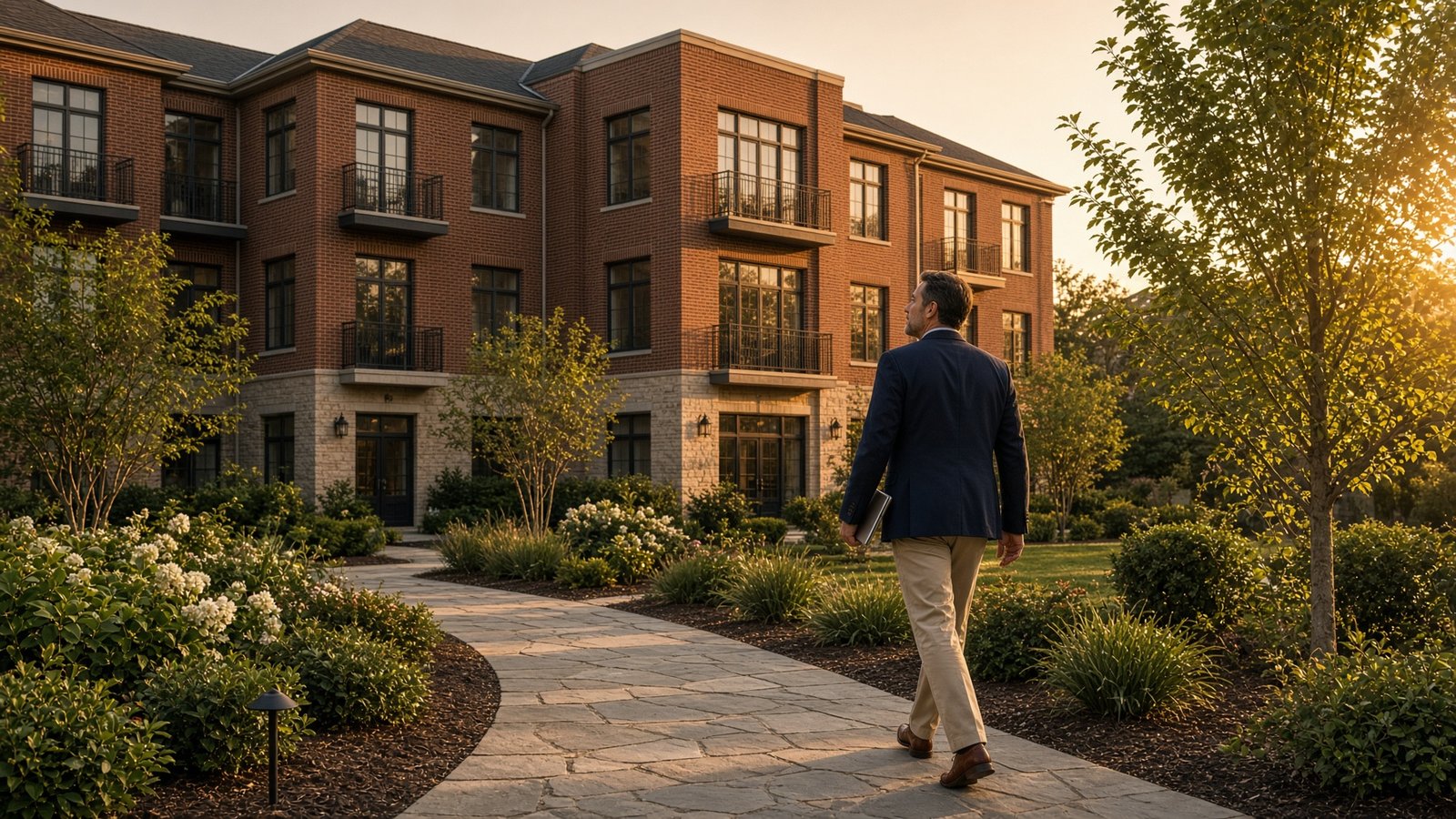 Property manager walking a landscaped courtyard of a brick apartment building