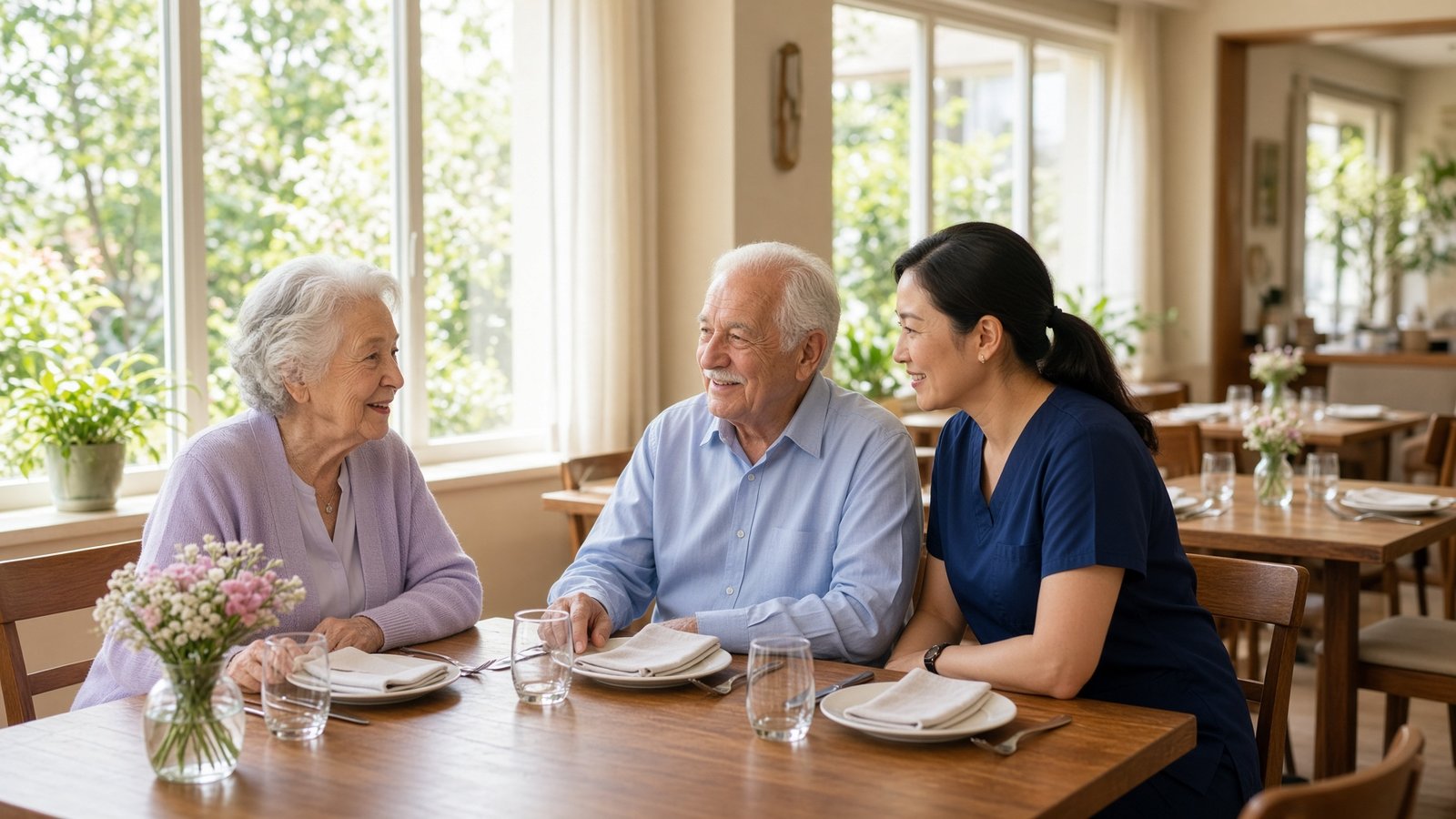 Residents and a caregiver talking at a sunlit assisted-living dining table