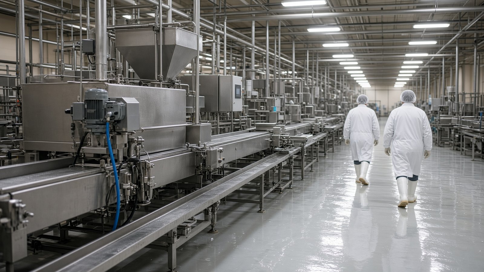 Hygienic stainless-steel food manufacturing line with staff in white coats