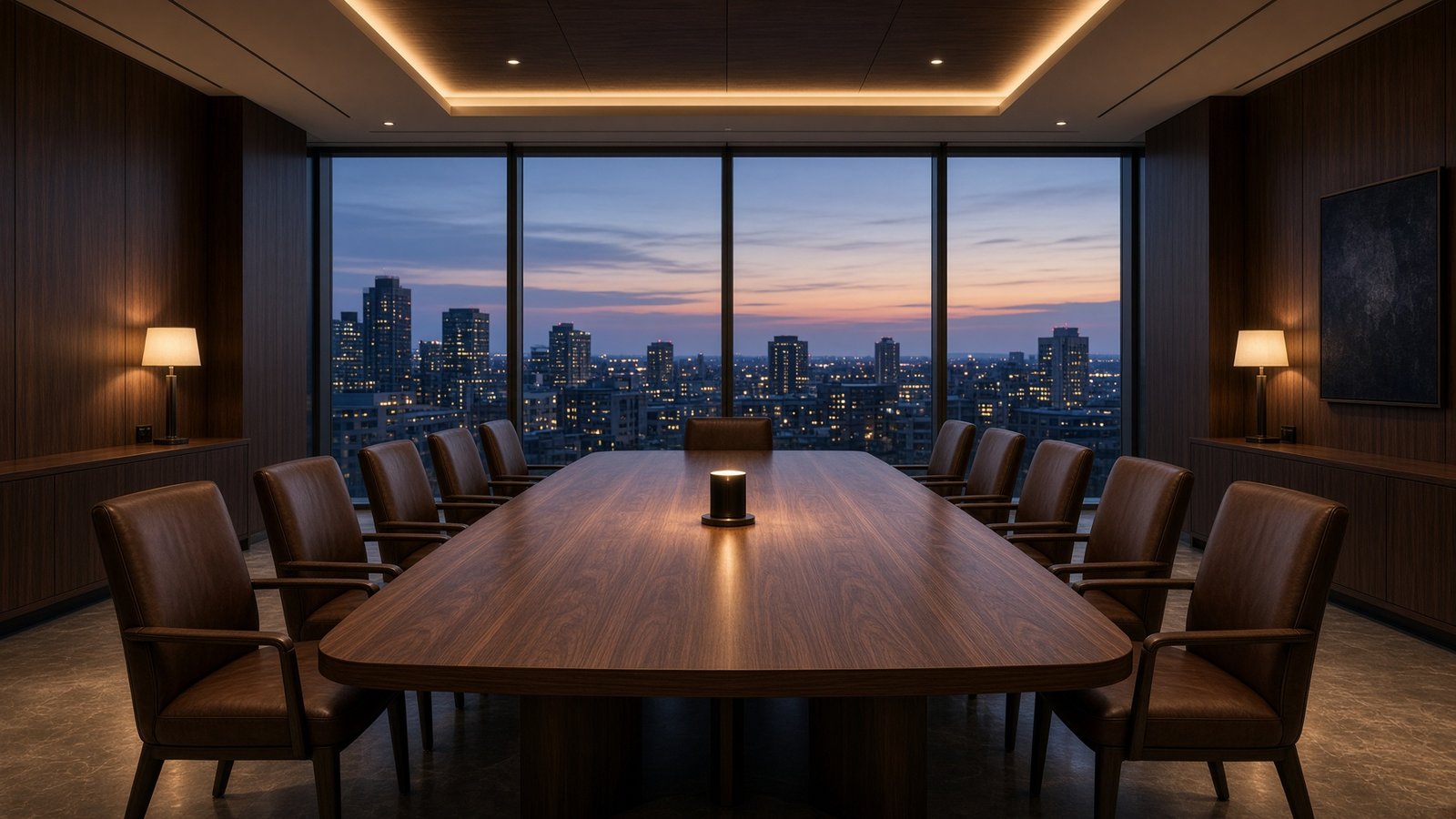 Empty boardroom at dusk with a long walnut table and city windows