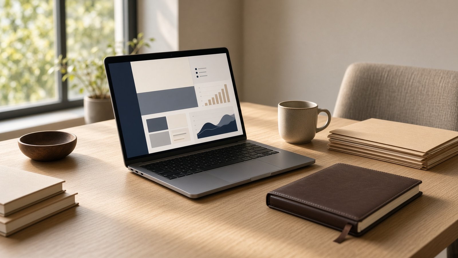 Sunlit office desk with a laptop dashboard, folders, and a notebook
