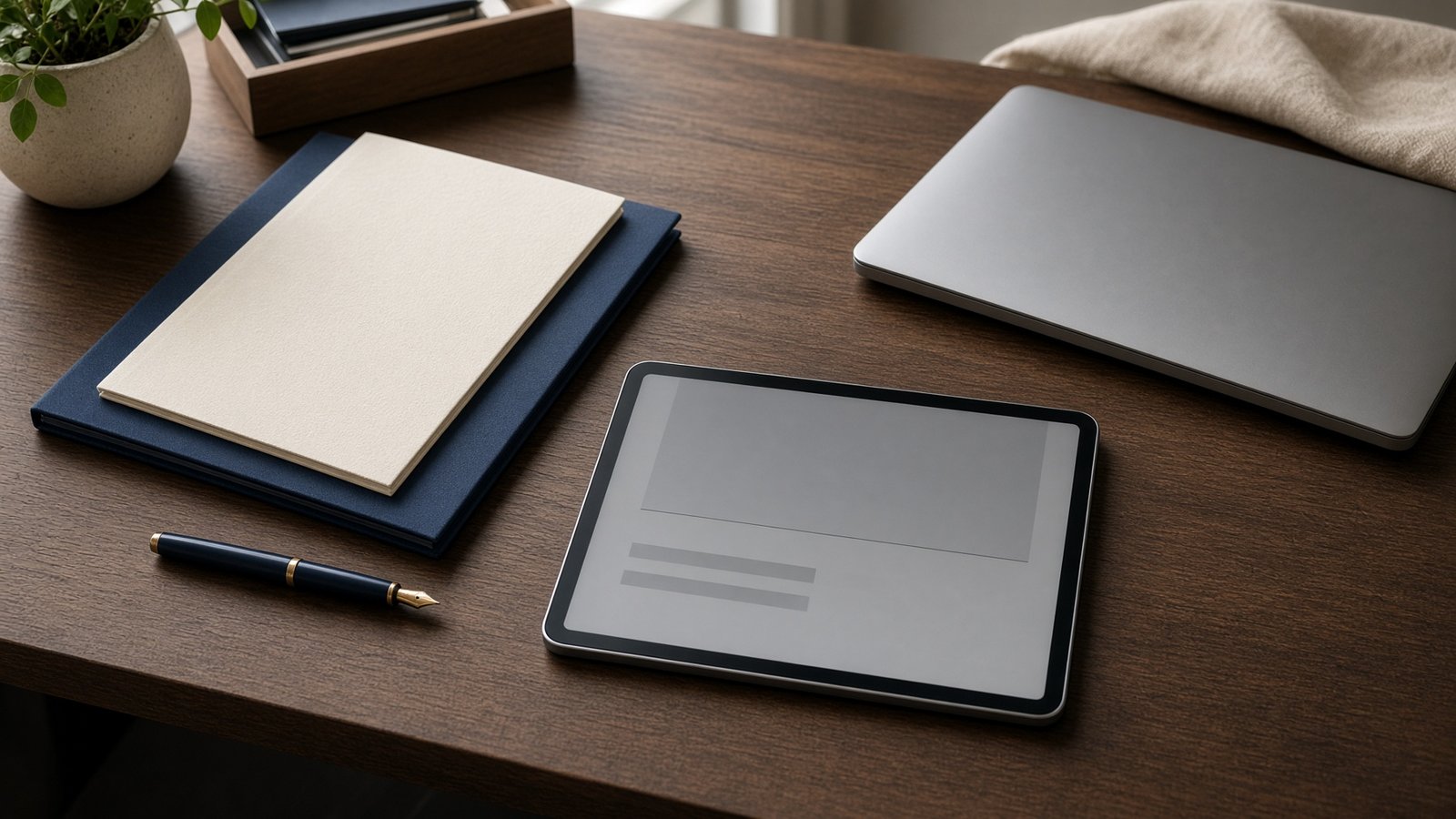 Organized desk with unlabeled document sleeves, a tablet, and a fountain pen