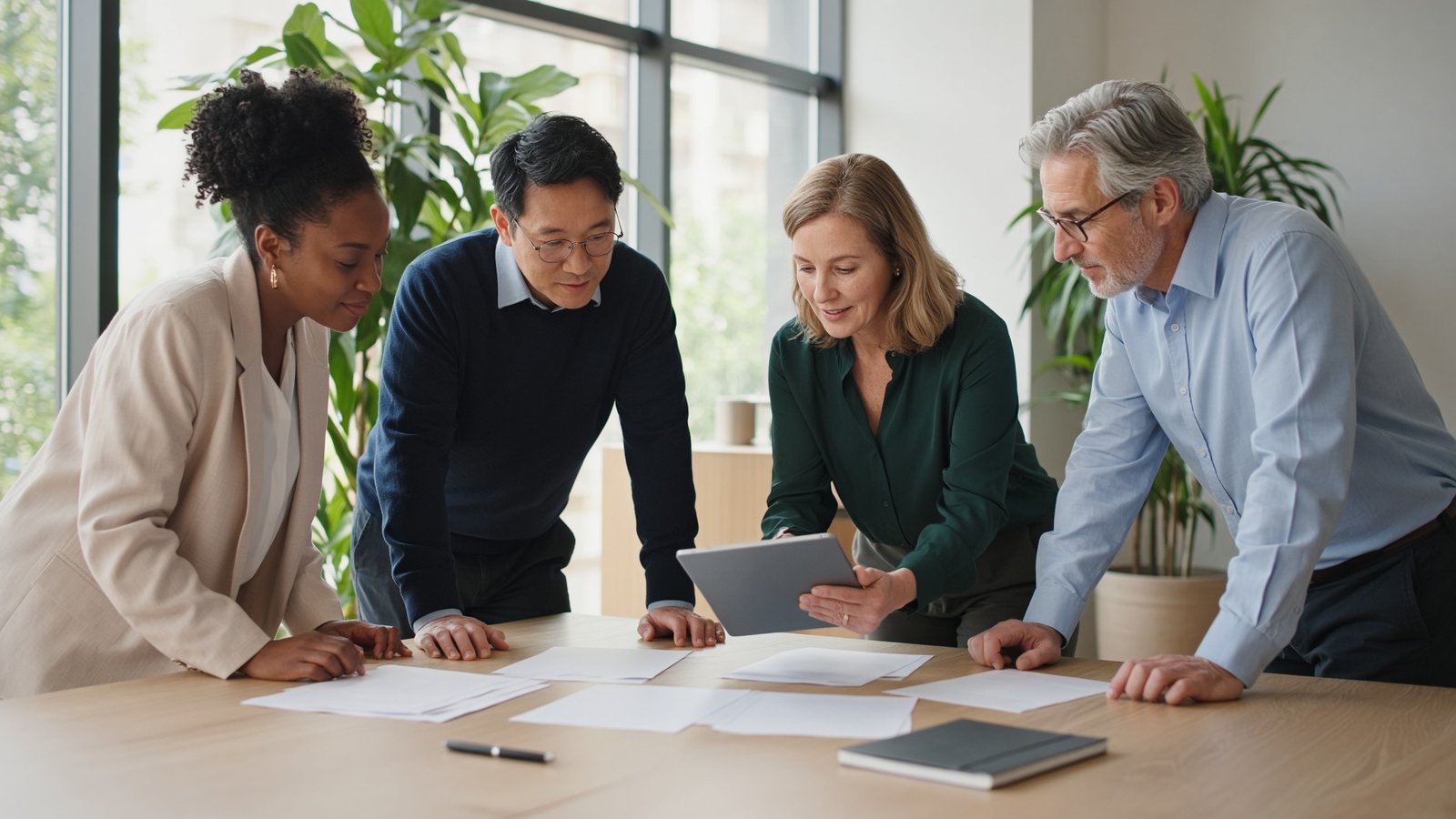 Professionals reviewing documents together in a bright office