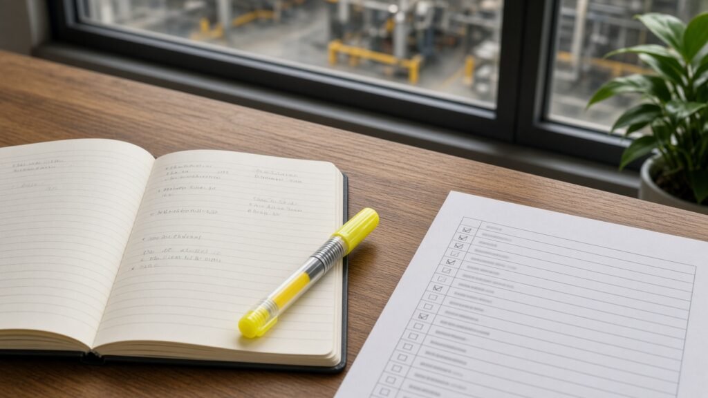 Notebook, highlighter, and checklist on a desk
