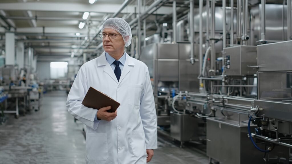 Auditor in a lab coat walking a food plant aisle