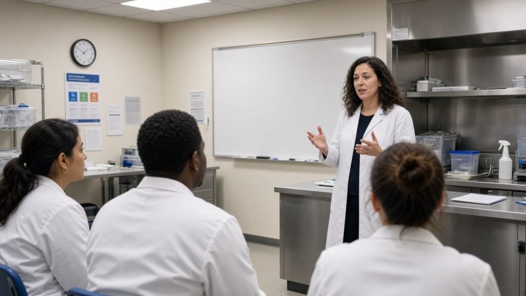 Small training classroom in lab coats