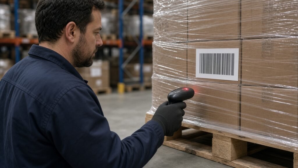 Warehouse worker scanning a pallet barcode for traceability
