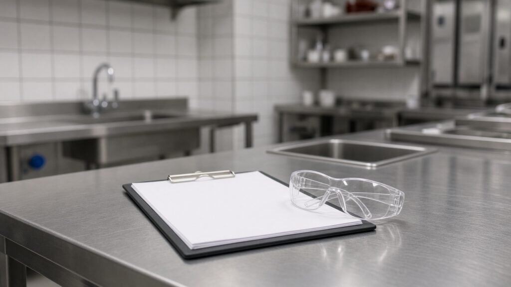 Clipboard and safety glasses on a prep table
